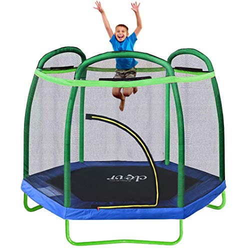 Clevr 7ft Kids Trampoline with Safety Enclosure Net & Spring Pad, Mini Indoor/Outdoor Round Bounce Jumper 84", Built-in Zipper Heavy Duty Steel Frame,Green/Blue